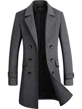 🆕 Men's Grey 1 Premium Wool Blend Double Breasted Imported Long Pea Coat